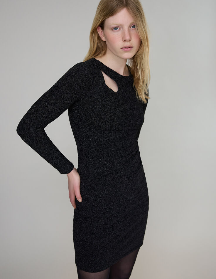 Pure Edition-Robe noire maille lurex col asymétrique Femme-4