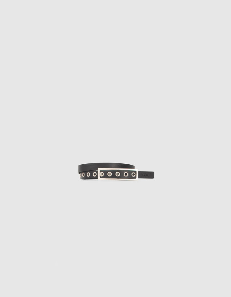 Women’s black leather belt with wide metal buckle-1