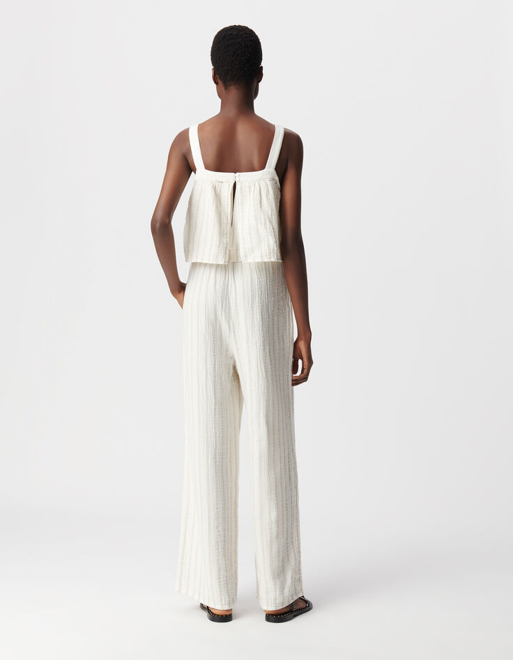 Ecru jumpsuit katoengaas met beige strepen-2