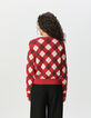 Women’s red diamond jacquard knit cardigan-3