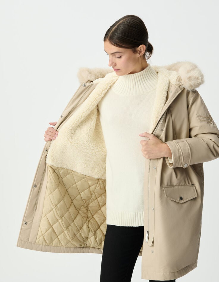 Parka oversize beige à capuche fourrée Femme-4