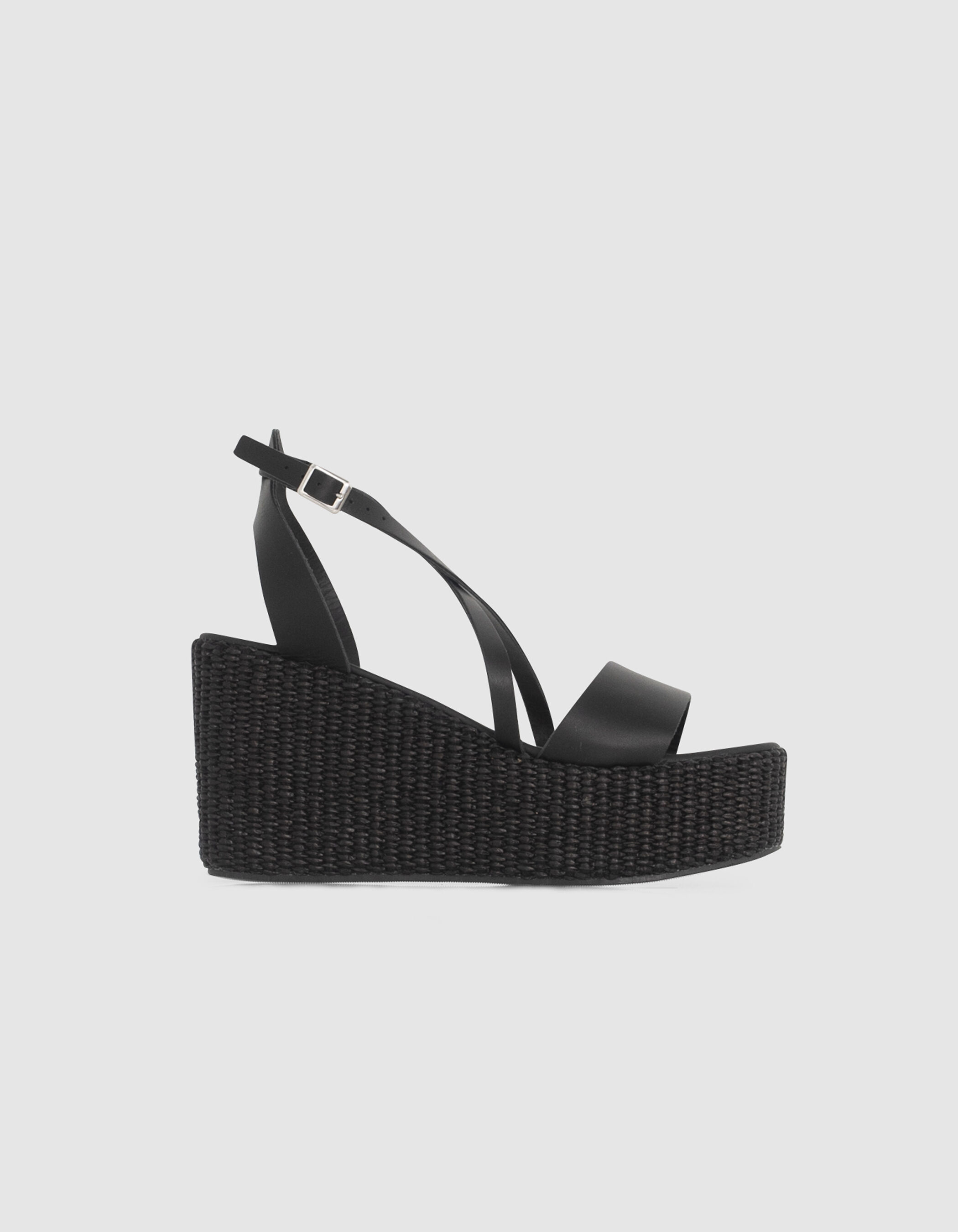 Sandales compens es cuir noir et talon raphia Femme