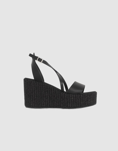 Sandalias de cuña piel negras y tacón de rafia mujer
