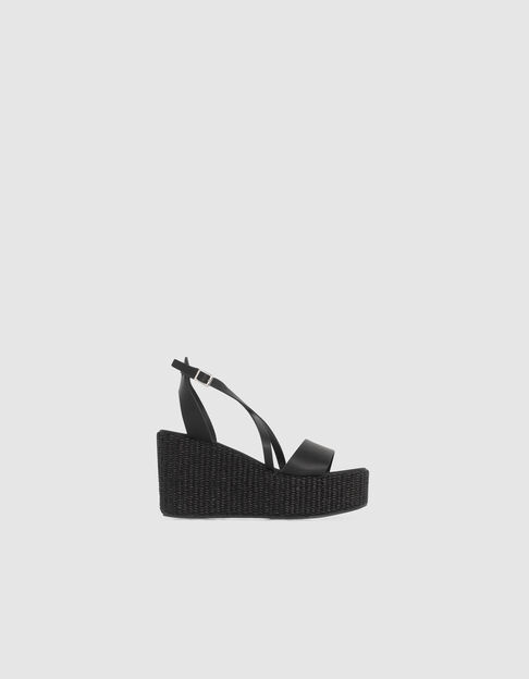 Women’s black leather raffia heel wedge sandals