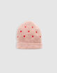 Bonnet rose tricot fourr&eacute; broderies coeurs b&eacute;b&eacute; fille-2