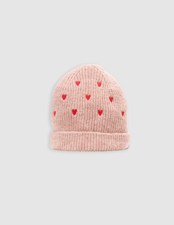 Bonnet rose tricot fourr&eacute; broderies coeurs b&eacute;b&eacute; fille-2