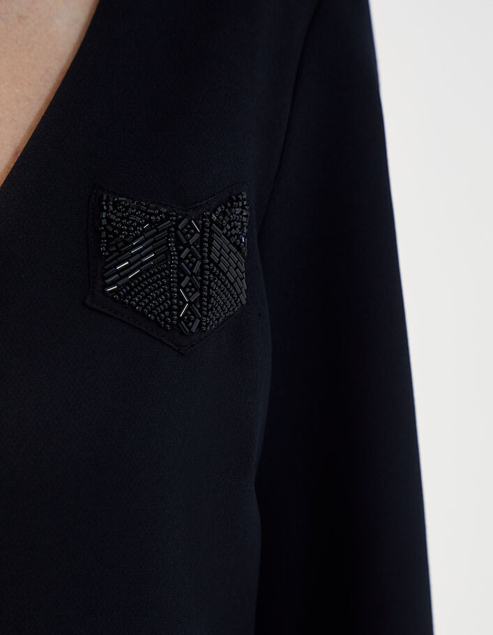 Vestido recto negro de crepé con escudo y cuentas mujer-6
