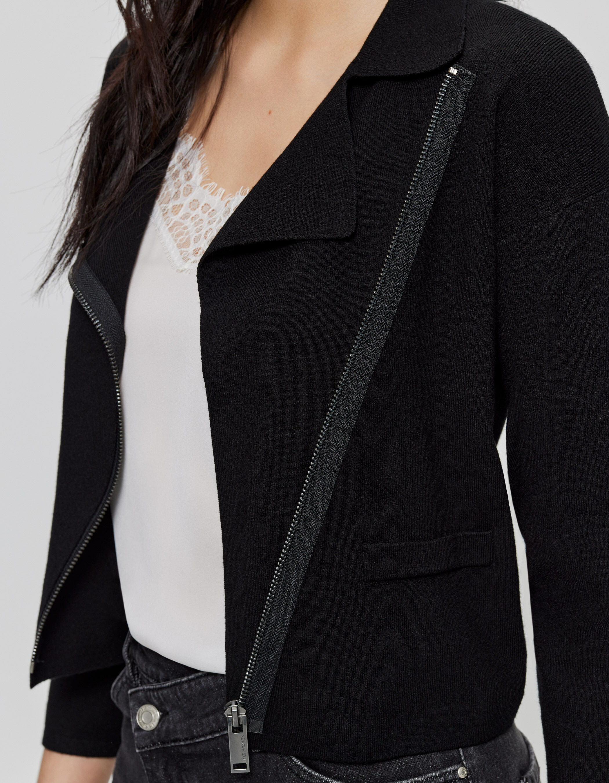 Cardigan noir tricot zip asymetrique Femme IKKS
