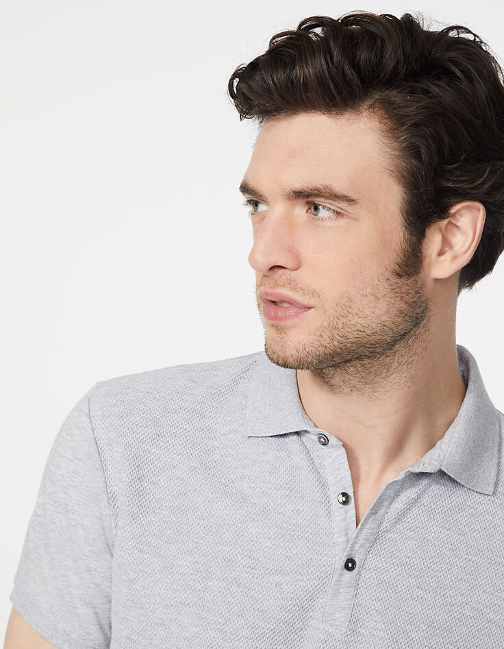 Polo gris claro jaspeado bi-tejido con relieve Hombre-4