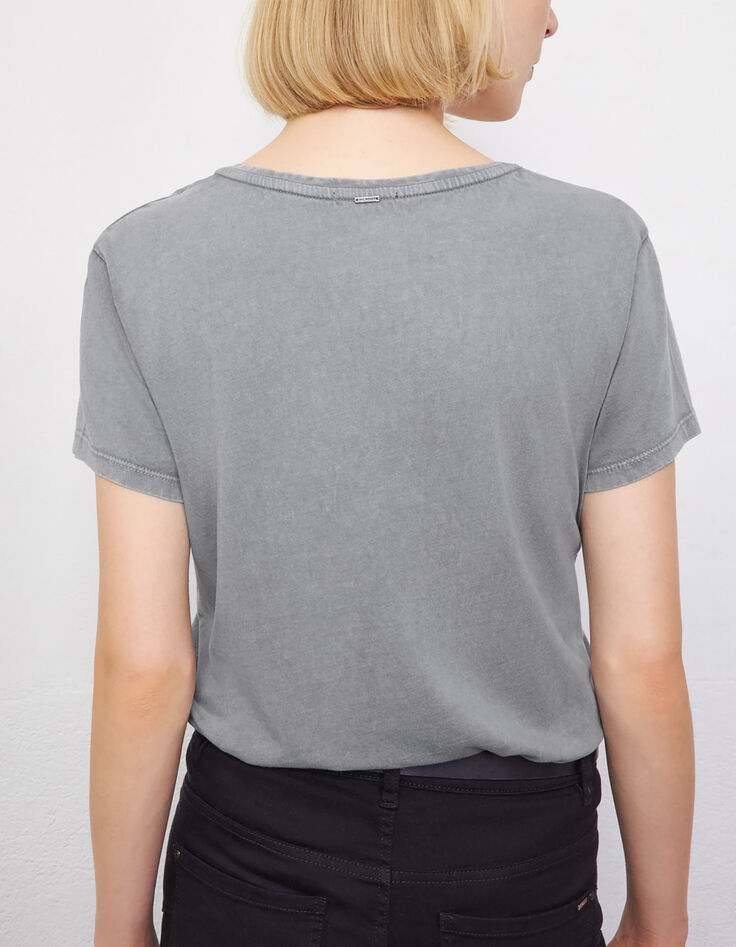 Tee-shirt coton bio gris visuel tête de mort perles femme-2
