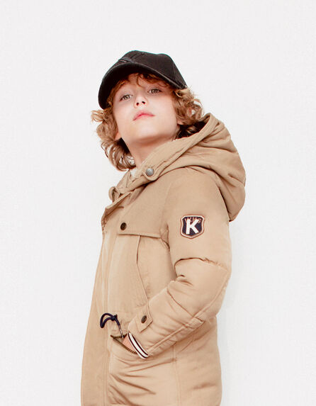 Boys' beige mixed fabric hooded fur-lined parka