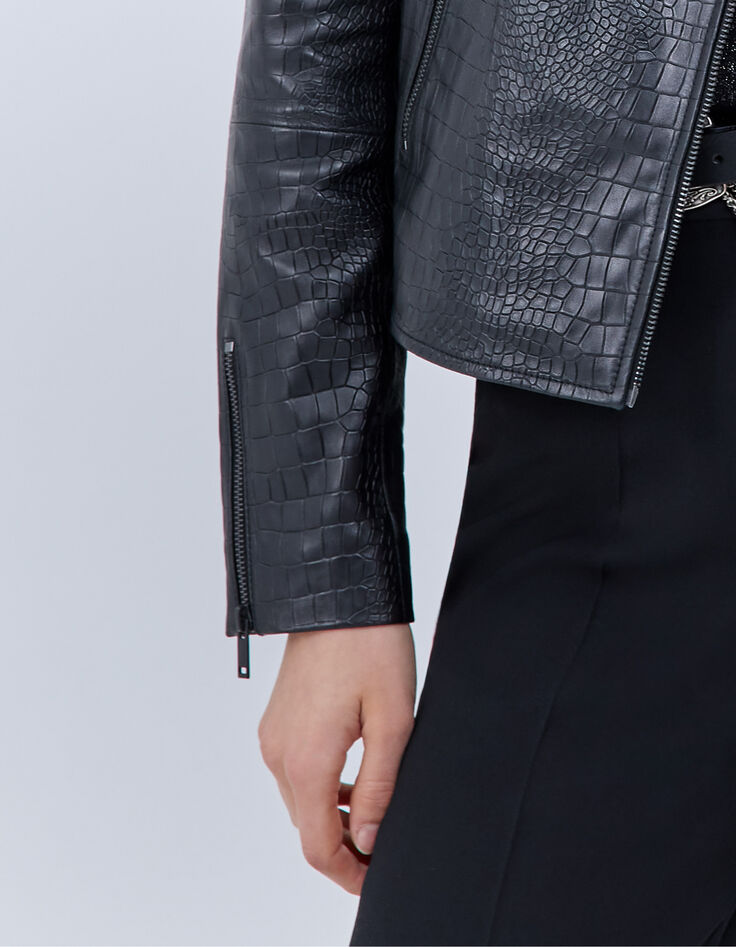 Women’s black crocodile-embossed leather biker jacket-4 Women’s black crocodile-embossed leather biker jacket-4