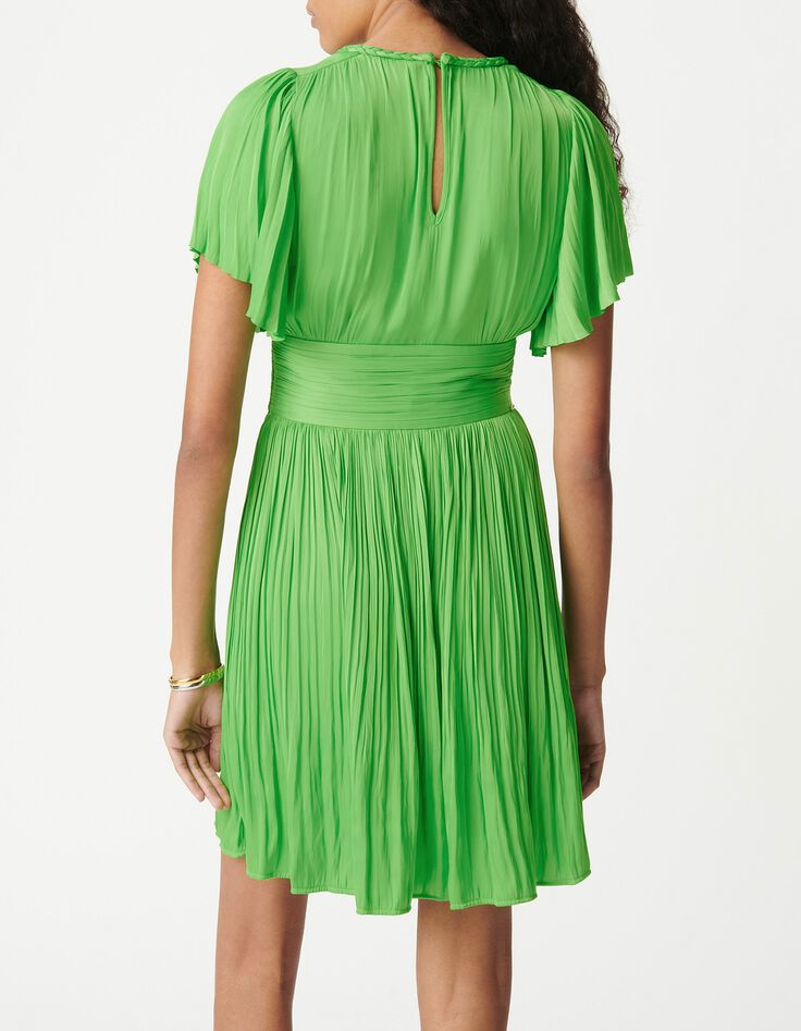 Robe courte verte satin&eacute;e pliss&eacute;e Femme-3