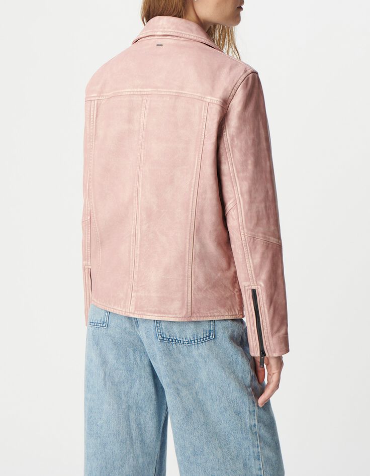 Cazadora biker de piel lavada rosa para mujer-3