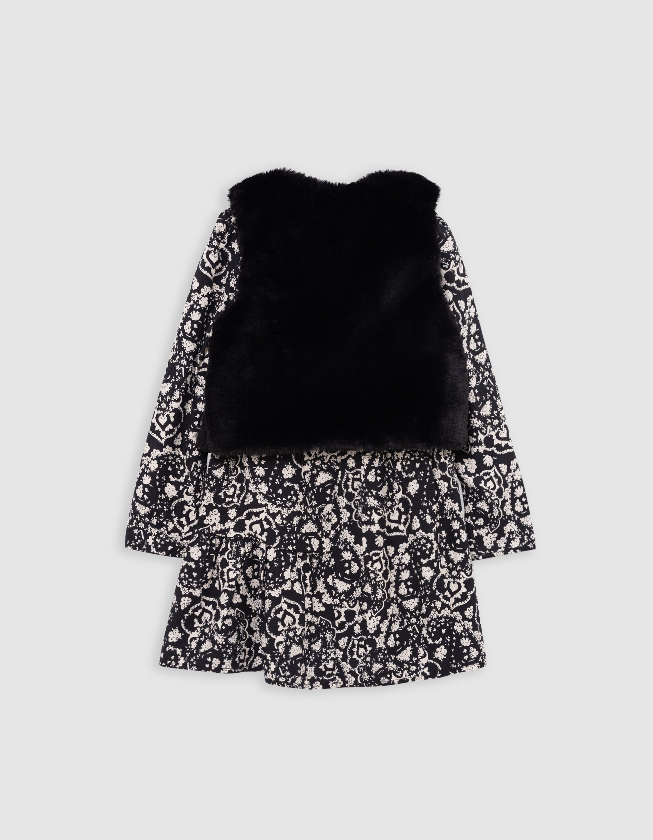 Robe 2 en 1 noire floral rock et gilet doudou fille IKKS