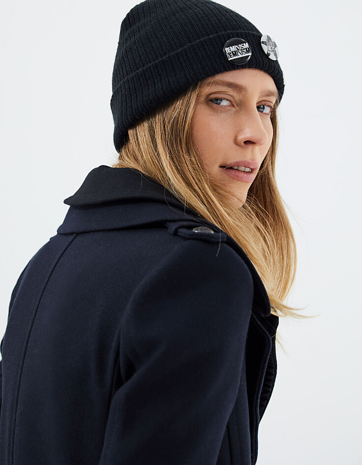 Manteau caban en drap de laine marine double col femme-4