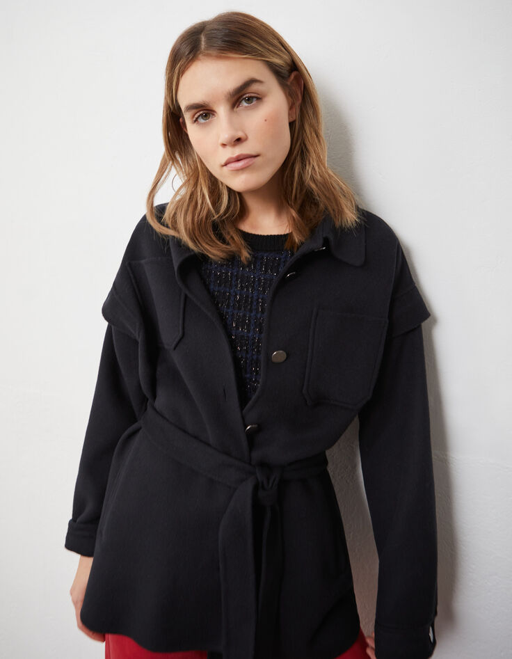 Zwarte jas-overshirt met riem dames-9