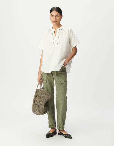 Women's loose-fitting blouse in ecru organic cotton with embroidered neckline - IKKS
