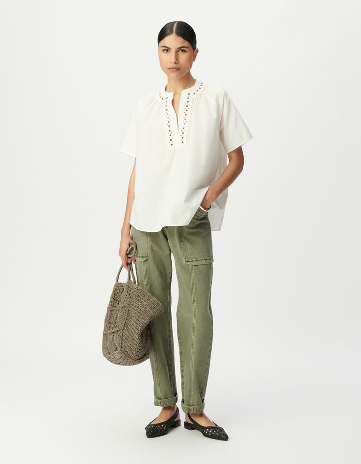 Women's loose-fitting blouse in ecru organic cotton with embroidered neckline-1