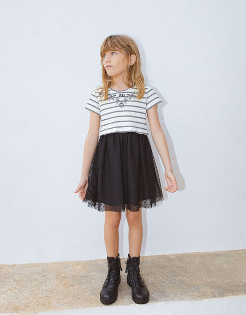 Girls' ecru dress, black striped mixed-fabric tutu skirt - IKKS