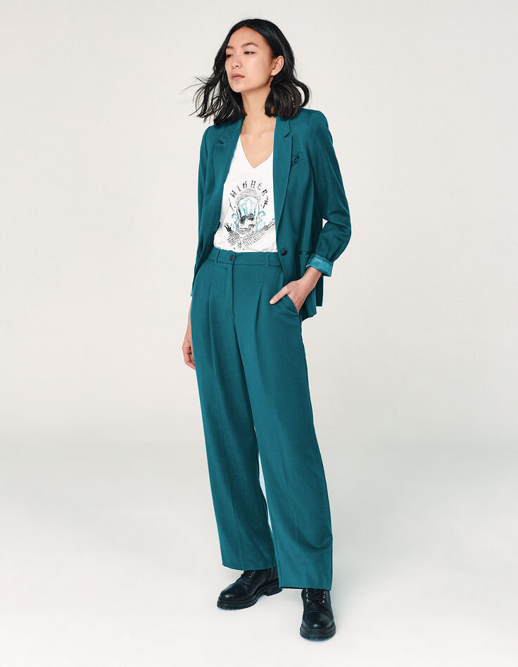 Pantalon tailleur fluide en tencel émeraude ceinture femme-1