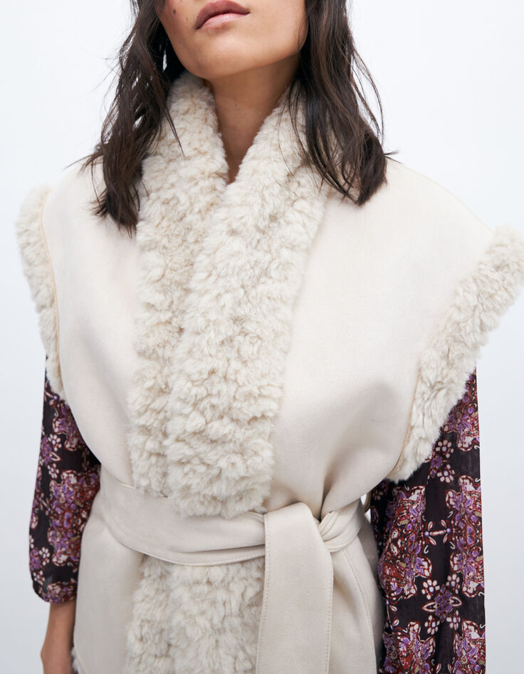 Gilet beige en fausse peau retournée avec ceinture amovible femme-2