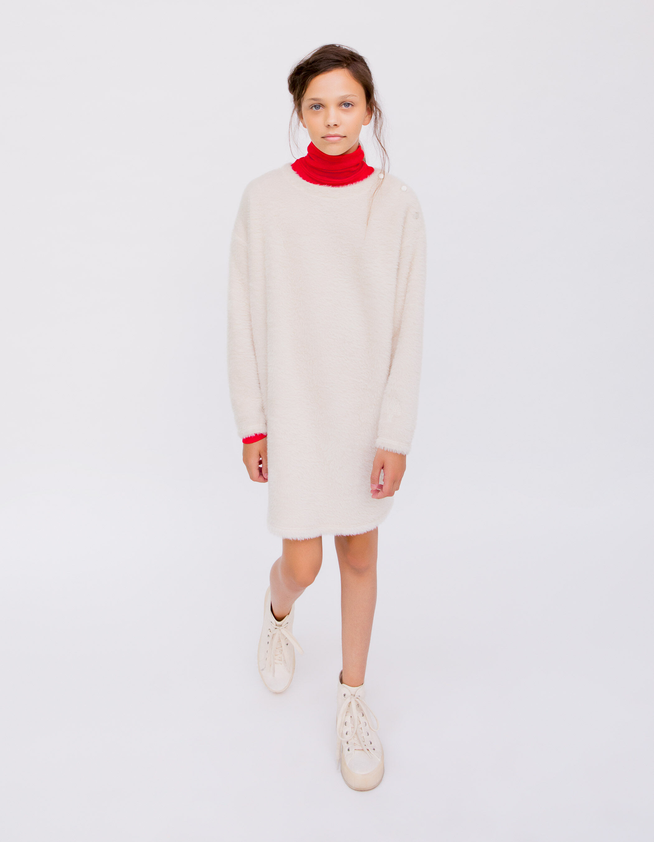 Girls off white fluffy knit dress