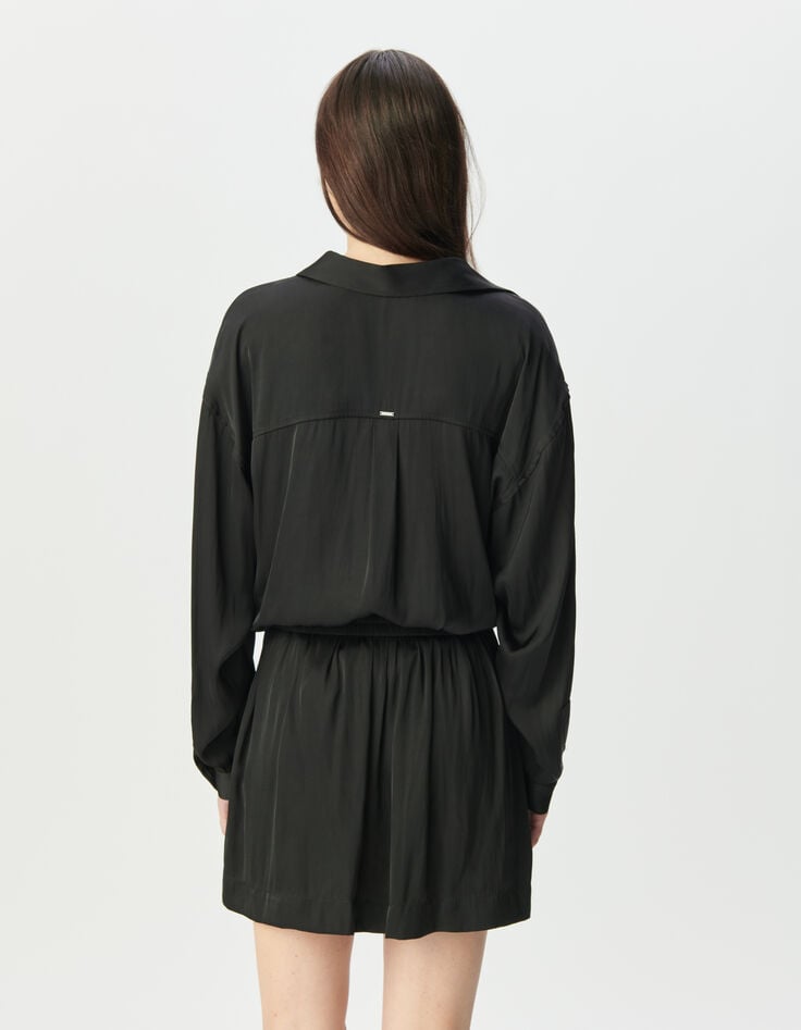 Vestido camisero negro satinado trampantojo mujer-4 Vestido camisero negro satinado trampantojo mujer-4
