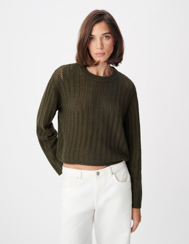 Pull manches longues kaki tricot ajour&eacute; Femme-4