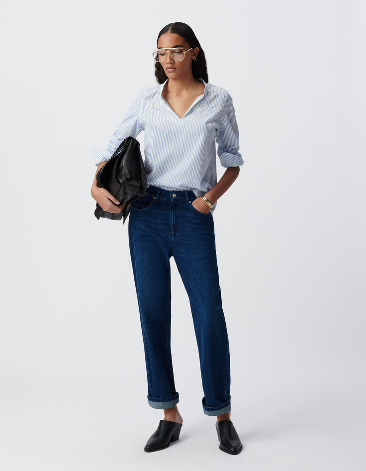 Blouse rayures bleu ciel plastron brodé-2