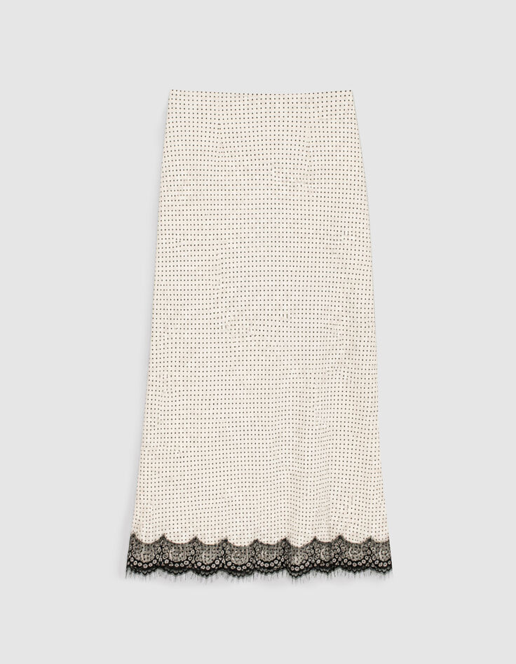Jupe longue &eacute;crue satin&eacute;e motif pois et dentelle Femme-7