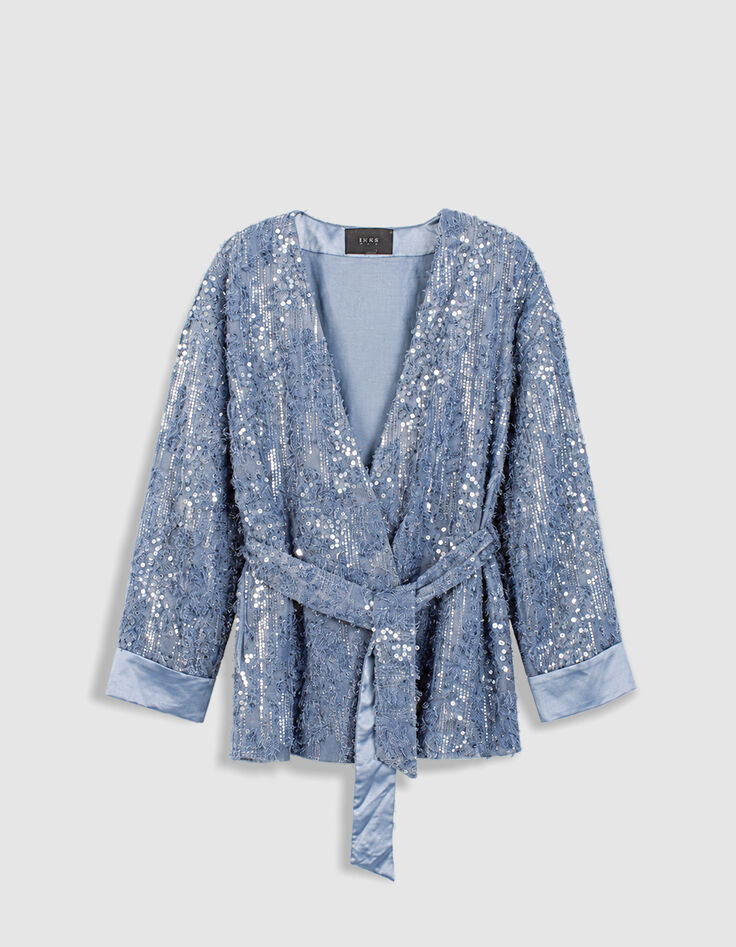 Veste oversize bleue brod&eacute;e sequins esprit kimono Femme-6