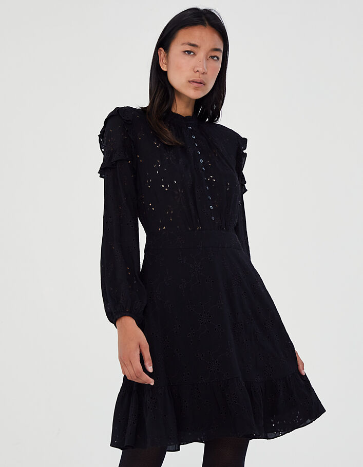 Black eyelet embroidery and viscose fitted dress-1