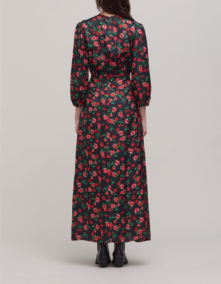 Maxi vestido negro estampado pixelado de flores para mujer-3
