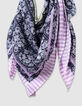 Foulard carr&eacute; marine imprim&eacute; floral et coeur vichy fille-2
