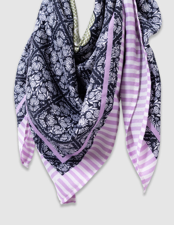 Foulard carr&eacute; marine imprim&eacute; floral et coeur vichy fille-2