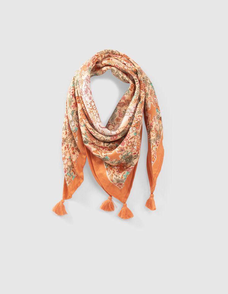 Quadratischer, orangefarbener M&auml;dchenschal mit Blumenprint-2