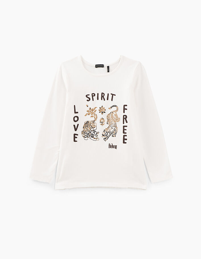 Girls’ off-white Love, free, spirit T-shirt with tigers - IKKS