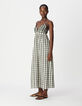 Women's ecru long dress with check and embroidery pattern-2