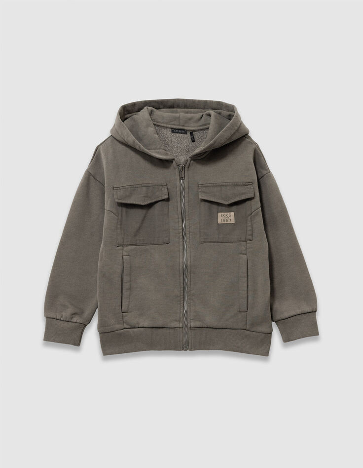 Cardigan à capuche zippé kaki poches bi-matières garçon-2 Cardigan à capuche zippé kaki poches bi-matières garçon-2