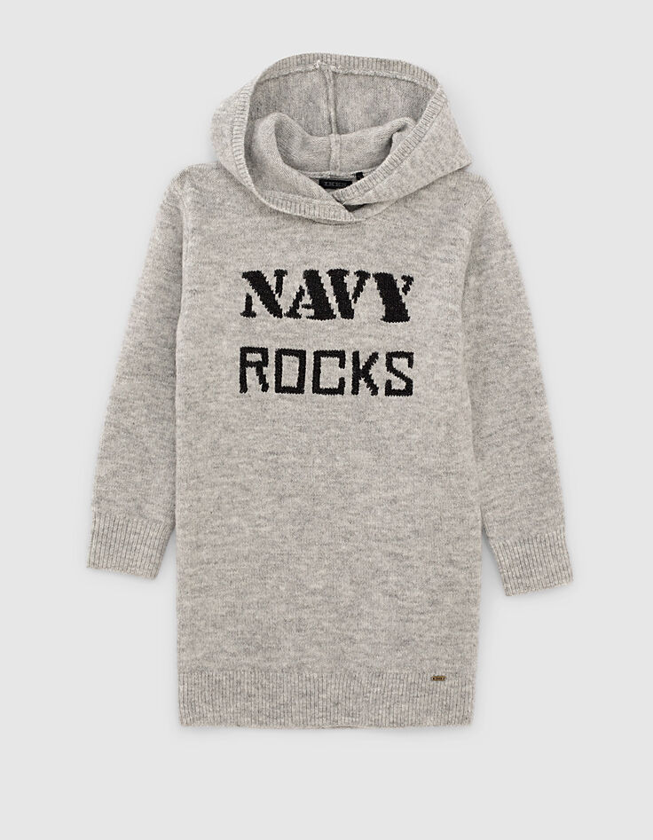 Girls' mid-grey marl knit hooded dress-2 Girls' mid-grey marl knit hooded dress-2