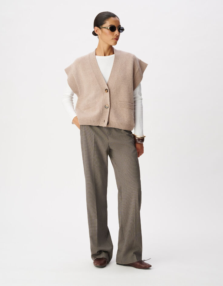 Pantalon de tailleur beige motif pied-de-puce Femme-1