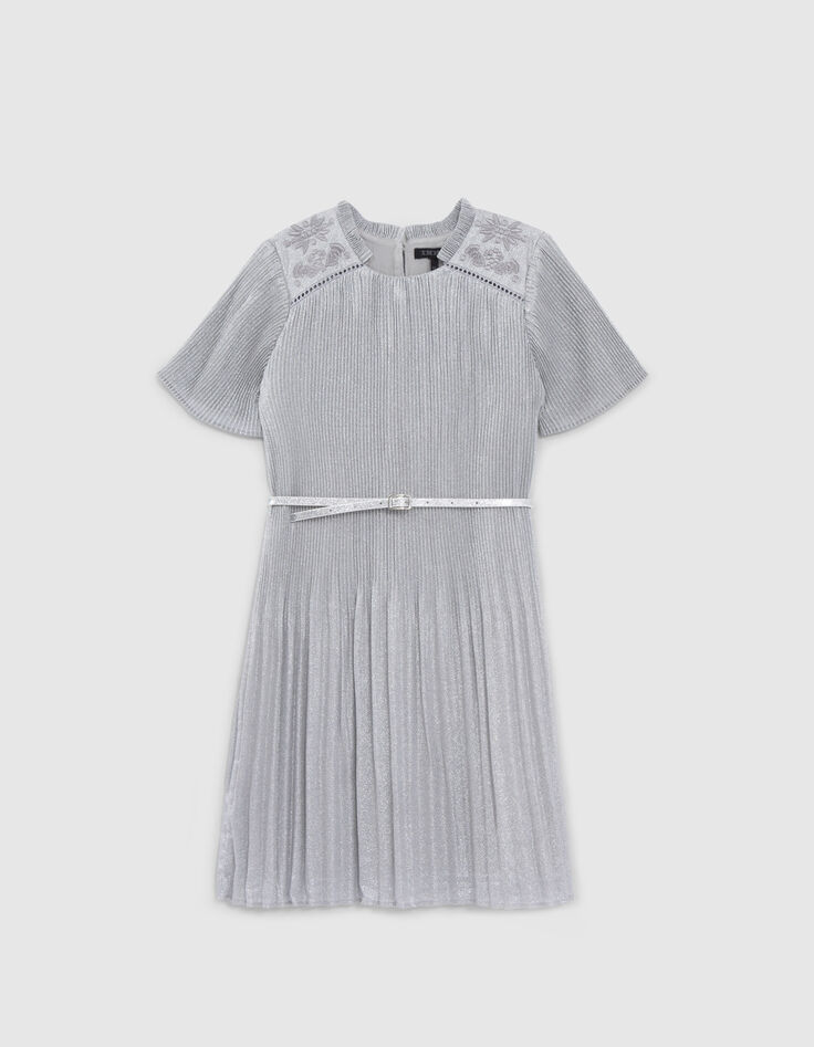 Silvery pleated dress with embroidered shoulders-1