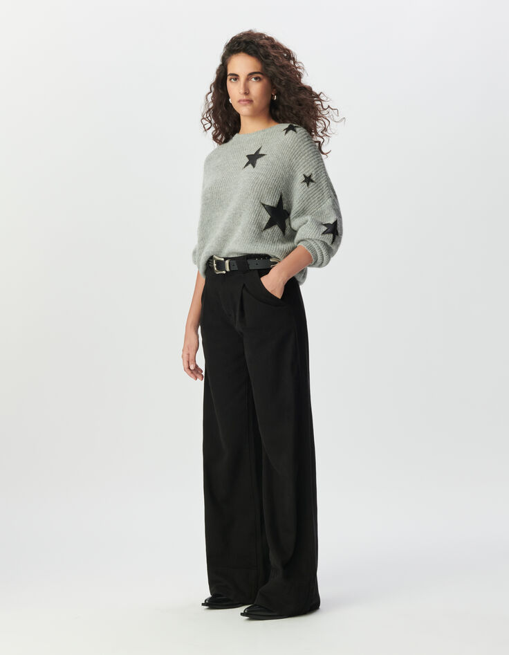 Grauer Damen-Strickpulli Ausschnitte Rock Sterne Perlen-1