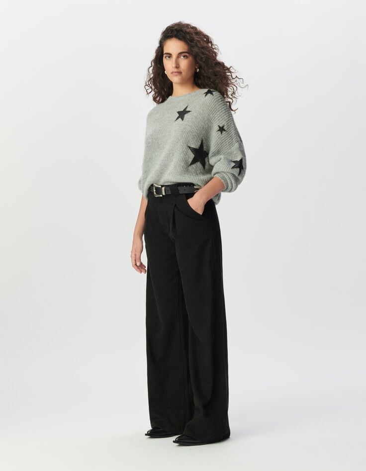 Grauer Damen-Strickpulli Ausschnitte Rock Sterne Perlen-1 Grauer Damen-Strickpulli Ausschnitte Rock Sterne Perlen-1
