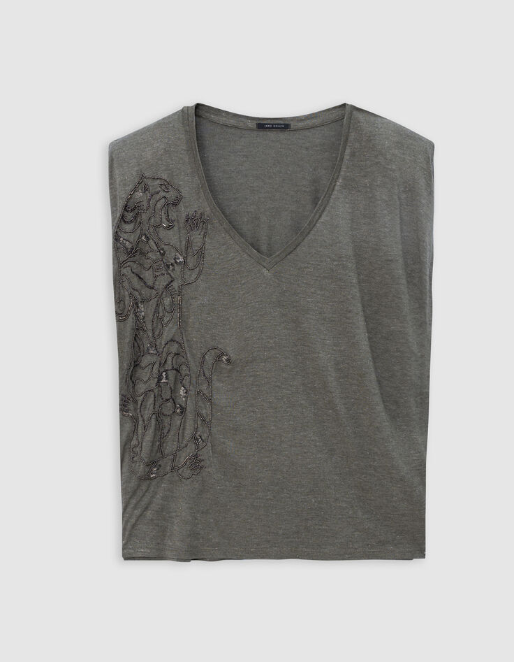 Tee-shirt col V kaki broderie tigre Femme-5