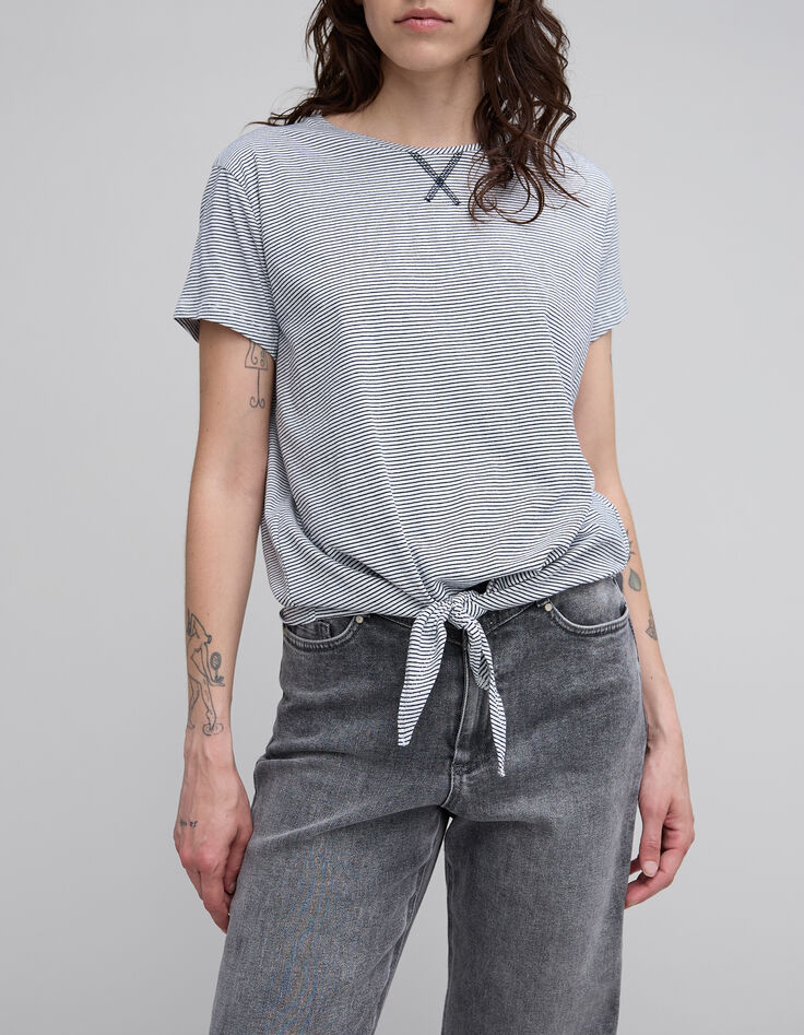 Women's navy blue striped white knotted organic cotton T-shirt-2