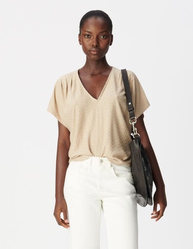 Vrouwen-T-shirt met V-hals en soepelvallende pasvorm in goudkleurig visgraatpatroon - IKKS