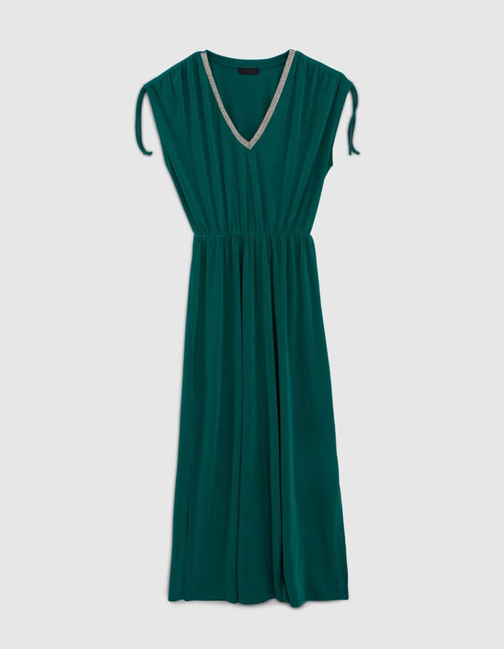 Smaragdgroene lange jurk met V-hals en kralen Dames - IKKS