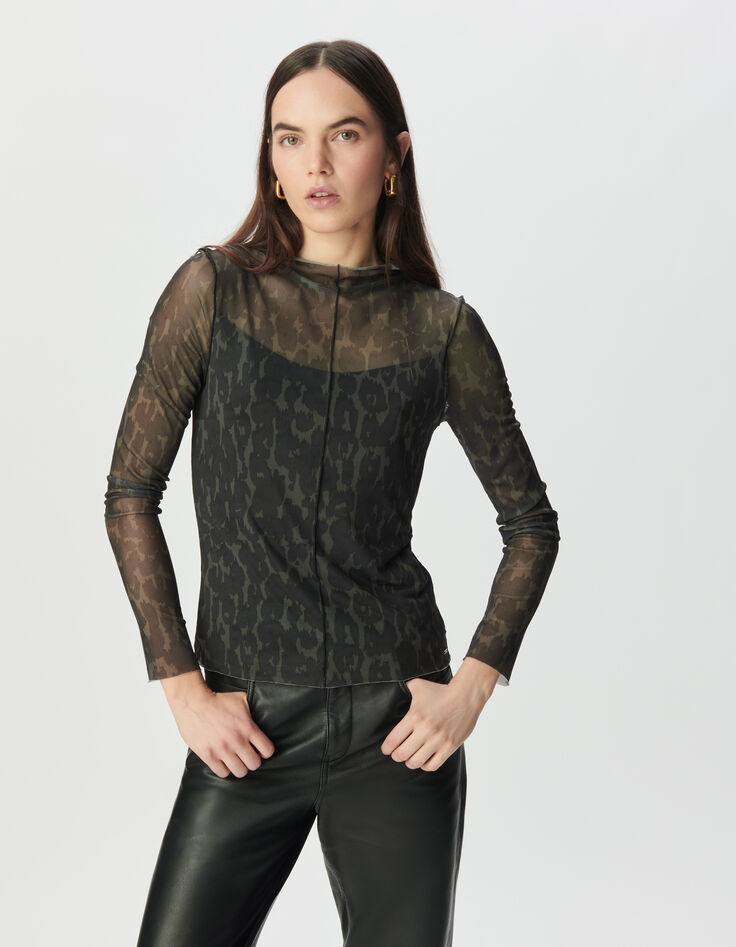Kaki T-shirt mesh luipaardprint Dames-2 Kaki T-shirt mesh luipaardprint Dames-2